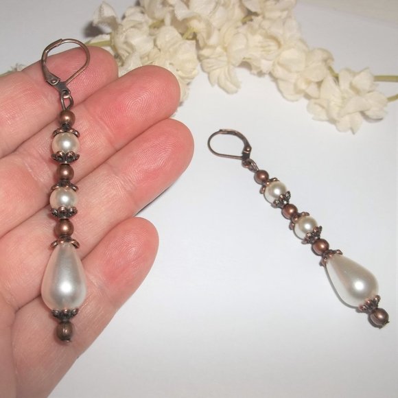 Long White Faux Pearl Earrings Rustic Copper Boho Bohemian Victorian Style 6928 - Picture 6 of 8
